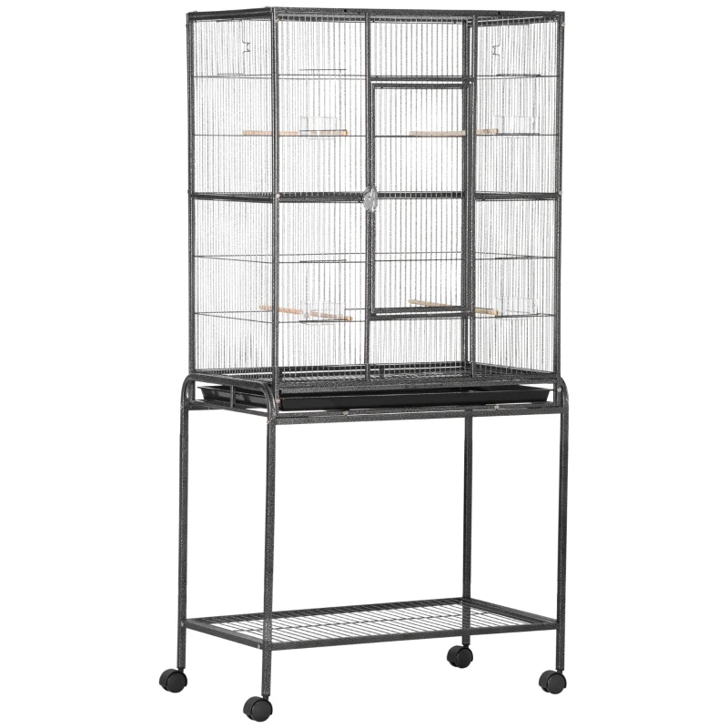 PawHut Jaula con Ruedas. Metálica con Perchas Comederos y Estante 81x48x162,5 cm Negro y Gris