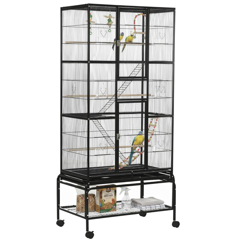 PawHut Jaula con Ruedas 83x53x180 cm. Metálica de 3 Niveles con 3 Perchas Comederos Juguetes Rampas Negro